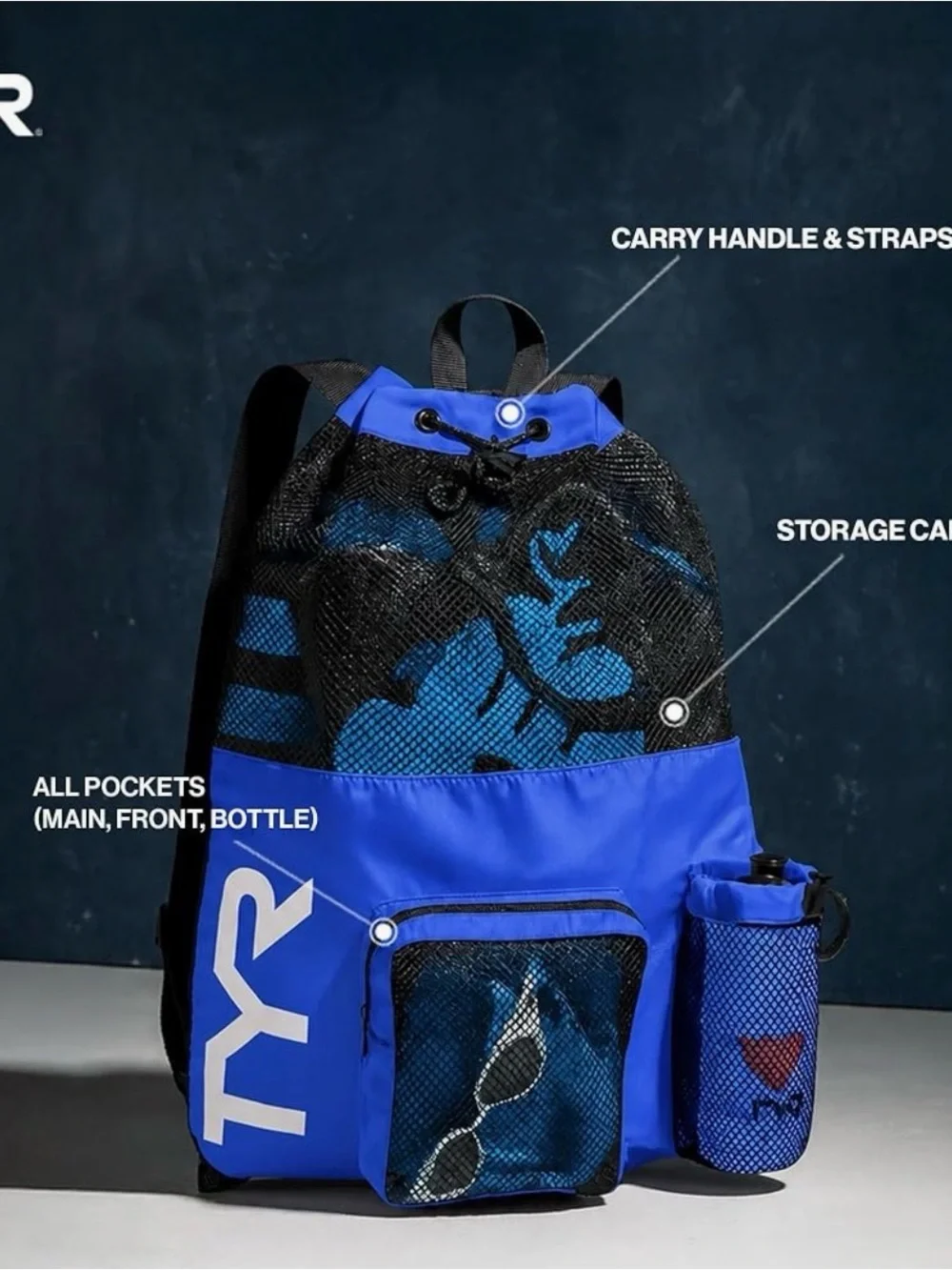 TYR Black and Blue Mesh Drawstring Swim Backpack with Front Pocket